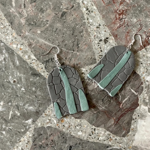 Handmade Clay Earrings | Large Arch | Cactus and Stone Wall | Hook Backs - Picture 5 of 5